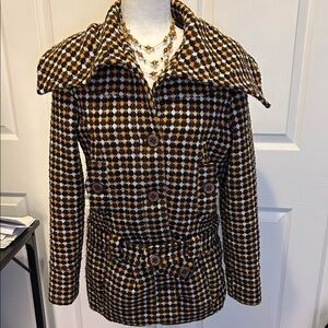 Oleg Cassini wool blend Black and Brown Houndstooth Pea Coat
